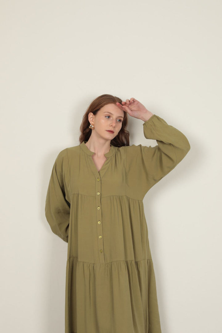 KKT Modal Fabric Elastic Sleeve Dark Khaki Dress - Eau Claire