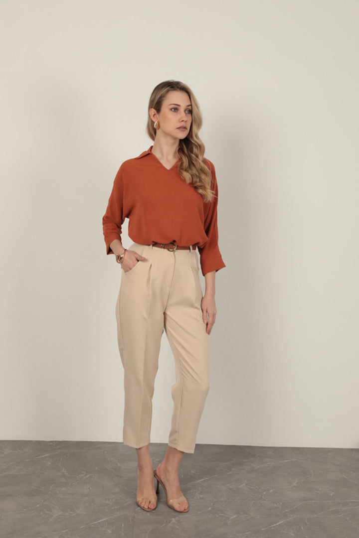 KKT Atlas Fabric Women's Carrot Trousers-Beige - Pasadena