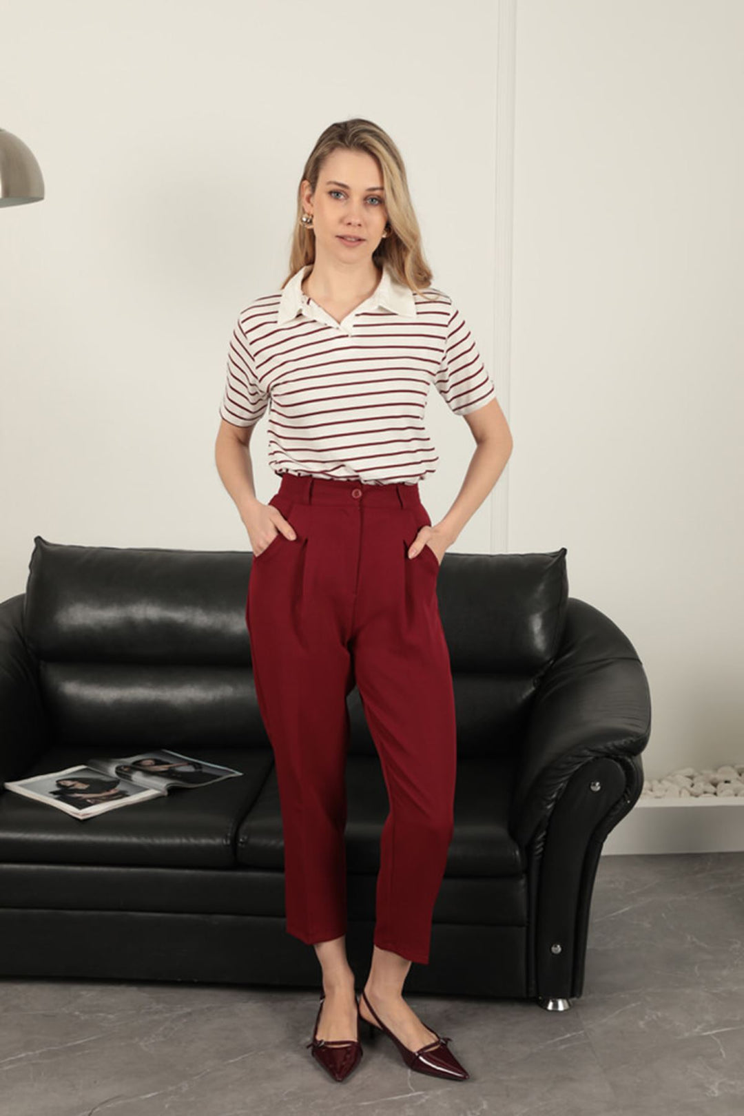 KKT Atlas Fabric Women's Carrot Trousers-Burgundy - Donetsk