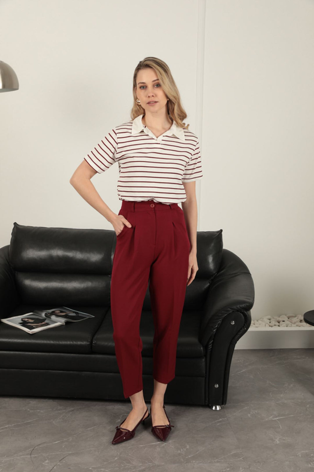KKT Atlas Fabric Women's Carrot Trousers-Burgundy - Donetsk