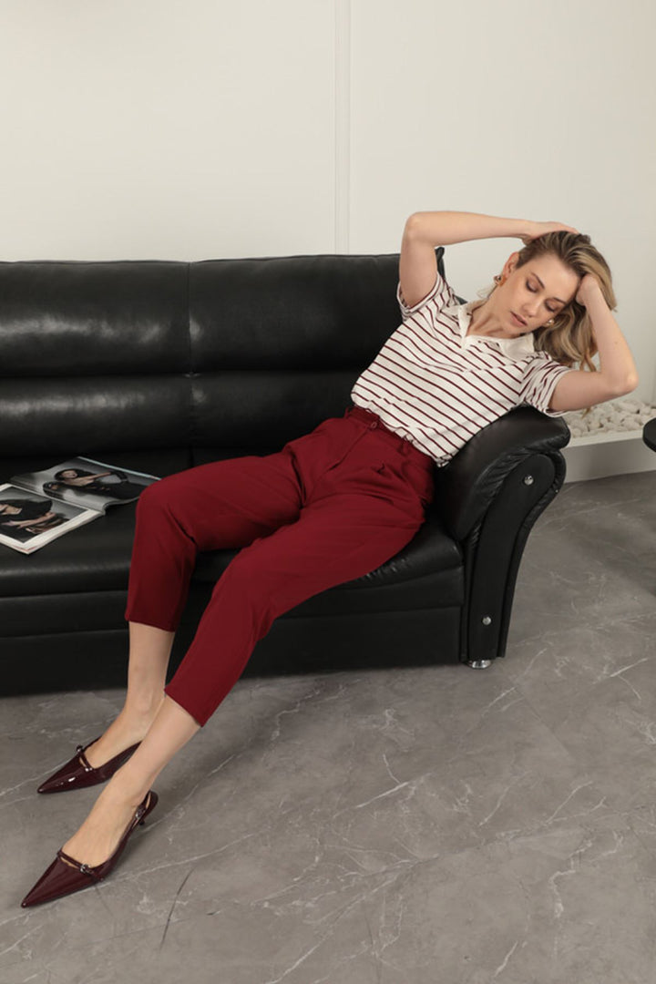 KKT Atlas Fabric Women's Carrot Trousers-Burgundy - Donetsk