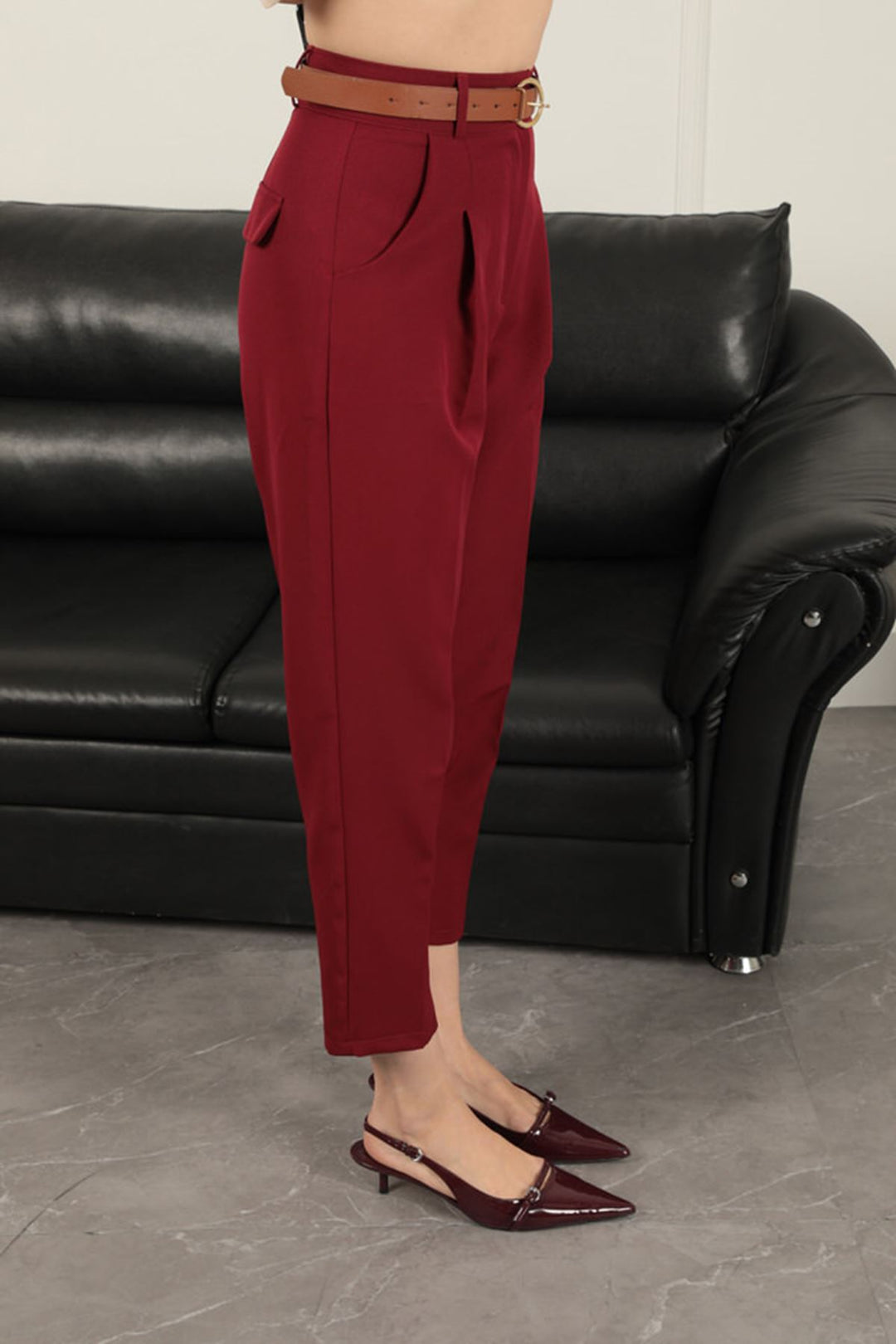 KKT Atlas Fabric Women's Carrot Trousers-Burgundy - Donetsk
