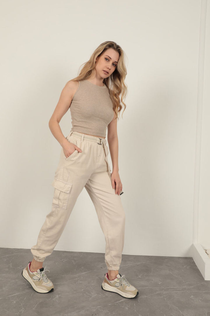 KKT Belted Cargo Pants for Women-Beige - Matera