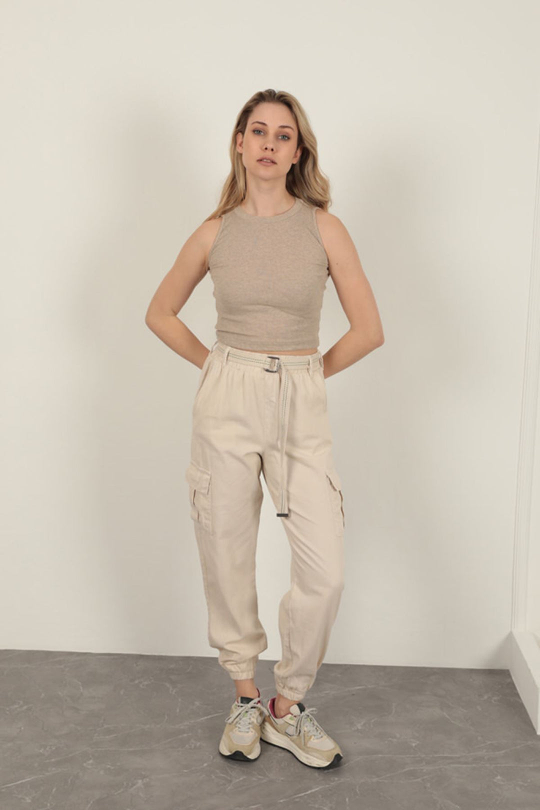 KKT Belted Cargo Pants for Women-Beige - Matera
