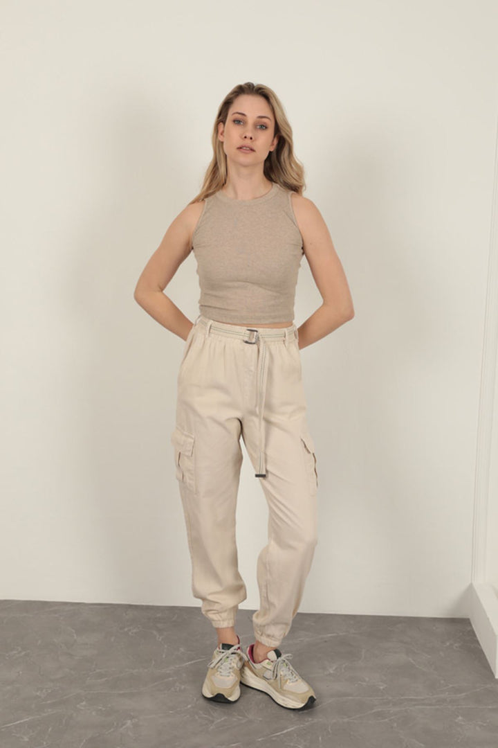 KKT Belted Cargo Pants for Women-Beige - Matera