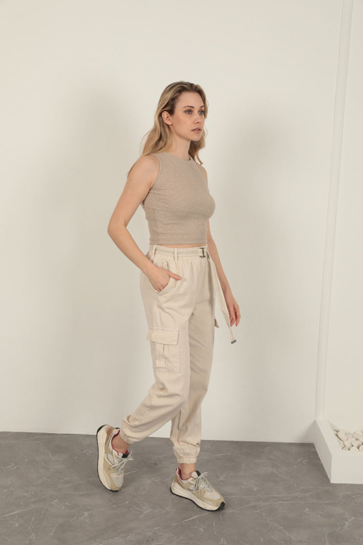 KKT Belted Cargo Pants for Women-Beige - Matera