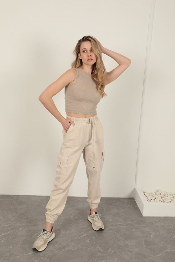 KKT Belted Cargo Pants for Women-Beige - Matera