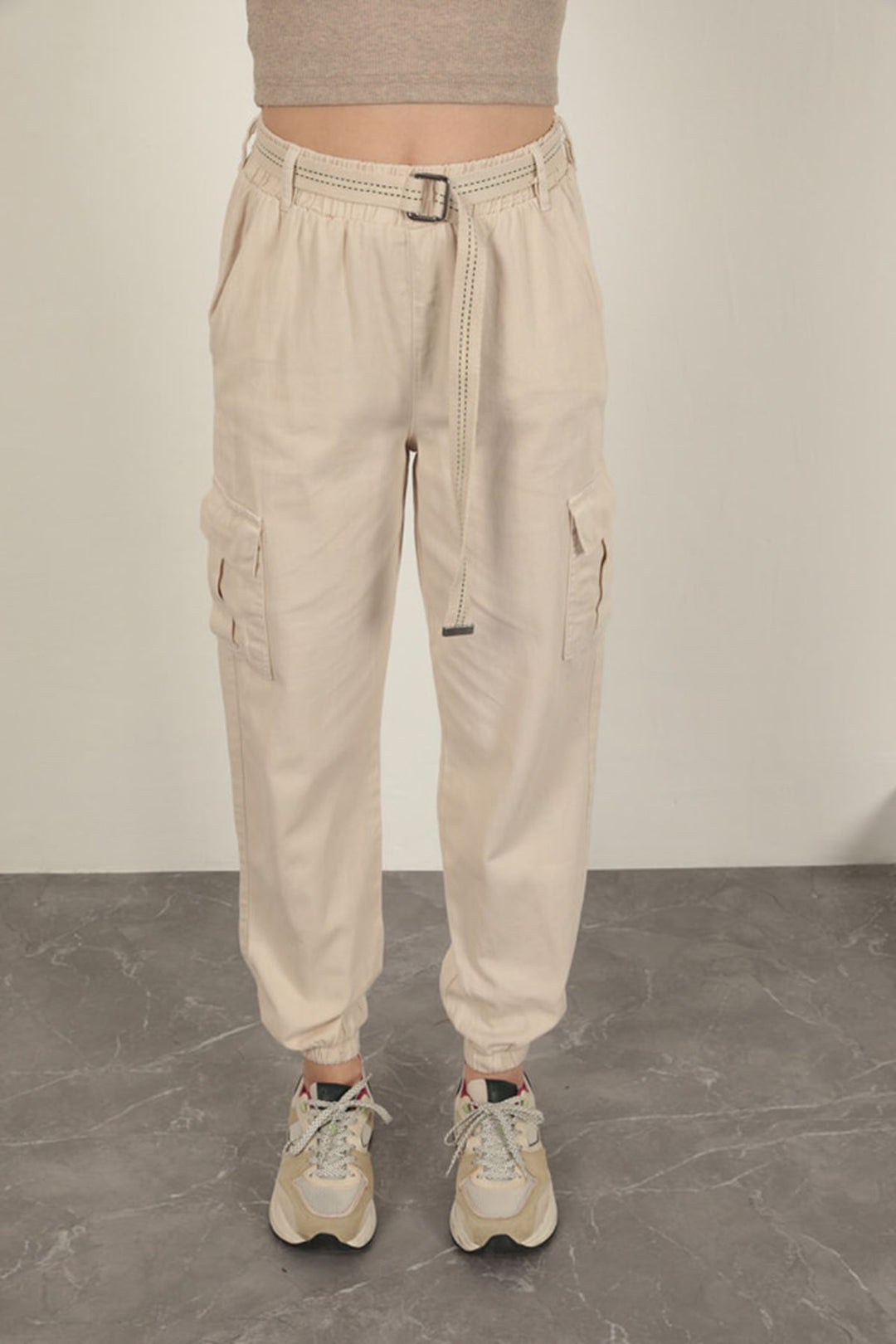 KKT Belted Cargo Pants for Women-Beige - Matera