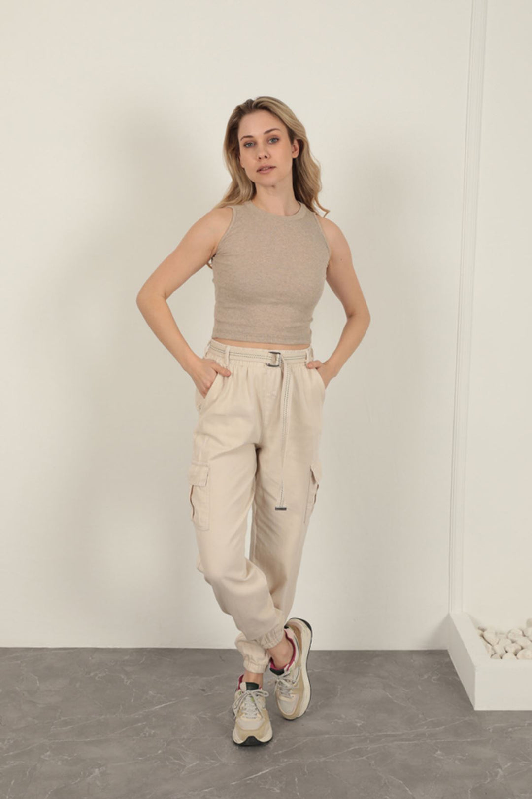 KKT Belted Cargo Pants for Women-Beige - Matera