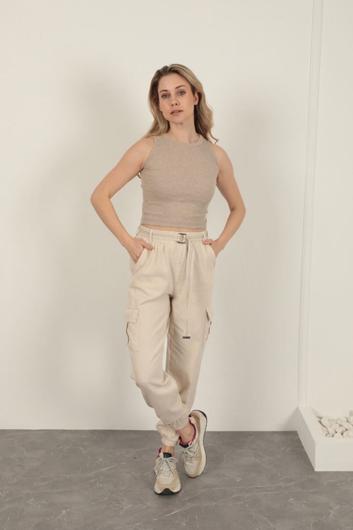 KKT Belted Cargo Pants for Women-Beige - Matera