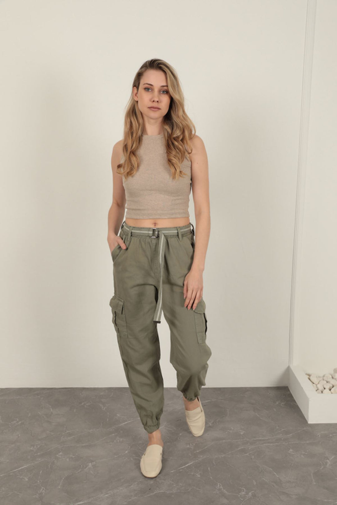 KKT Belted Cargo Pants for Women-Khaki - Rome