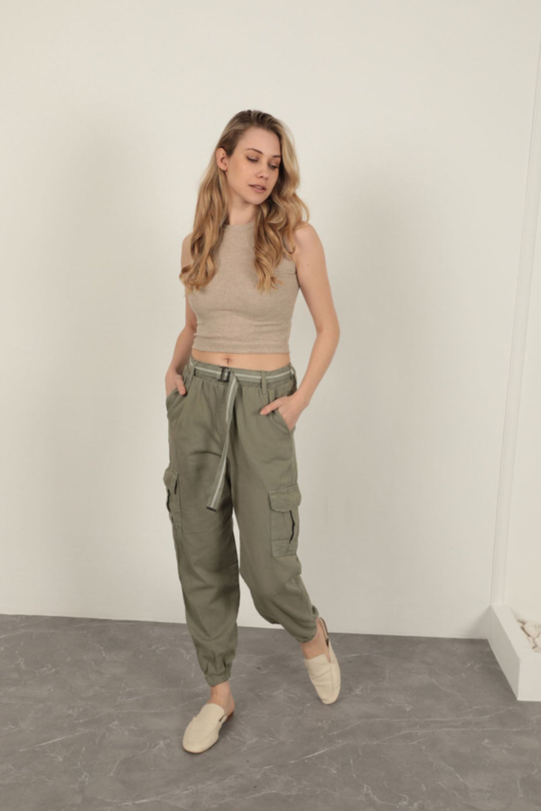 KKT Belted Cargo Pants for Women-Khaki - Rome