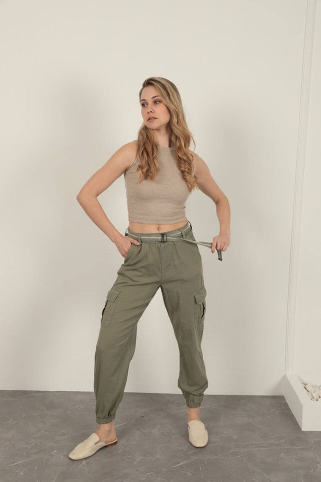 KKT Belted Cargo Pants for Women-Khaki - Rome