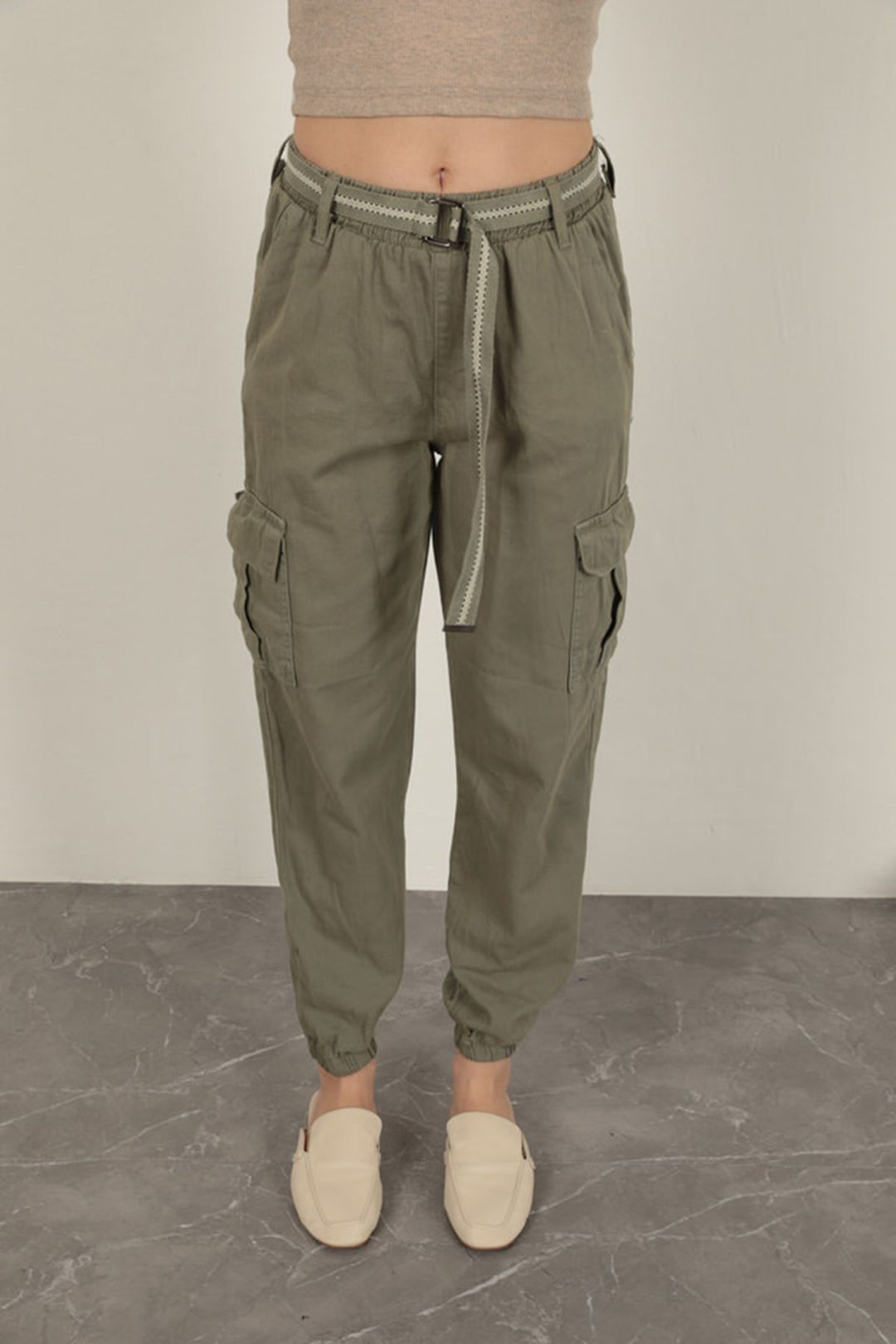 KKT Belted Cargo Pants for Women-Khaki - Rome
