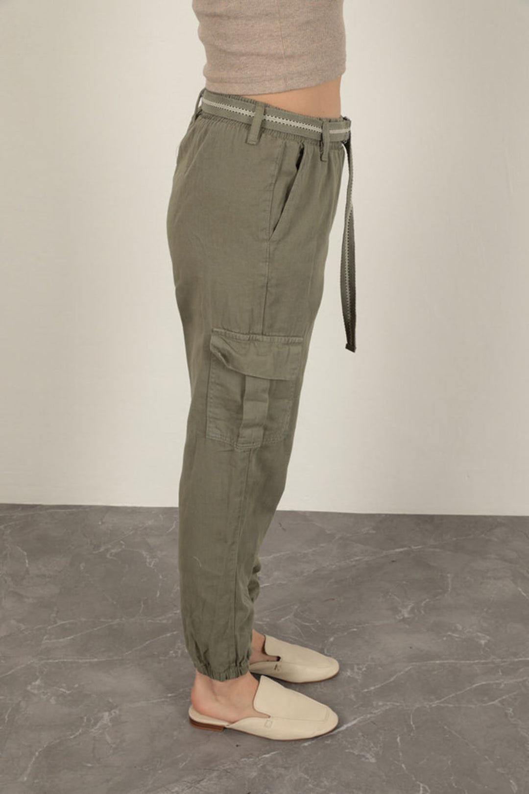 KKT Belted Cargo Pants for Women-Khaki - Rome