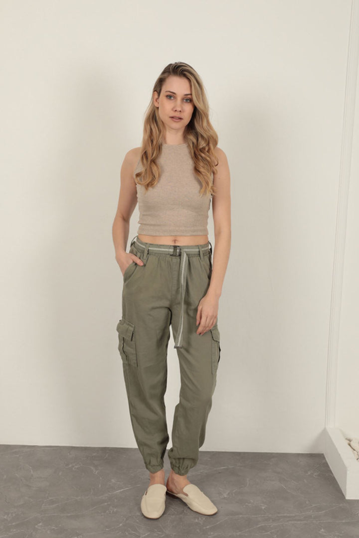 KKT Belted Cargo Pants for Women-Khaki - Rome