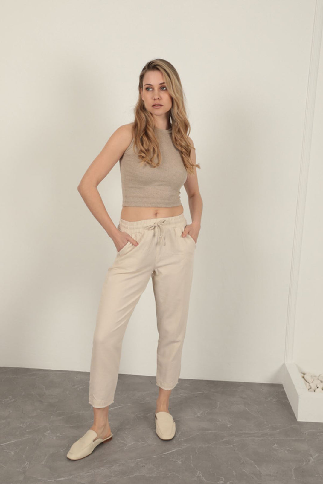 KKT Linen Fabric Women's Trousers-Stone - Merced