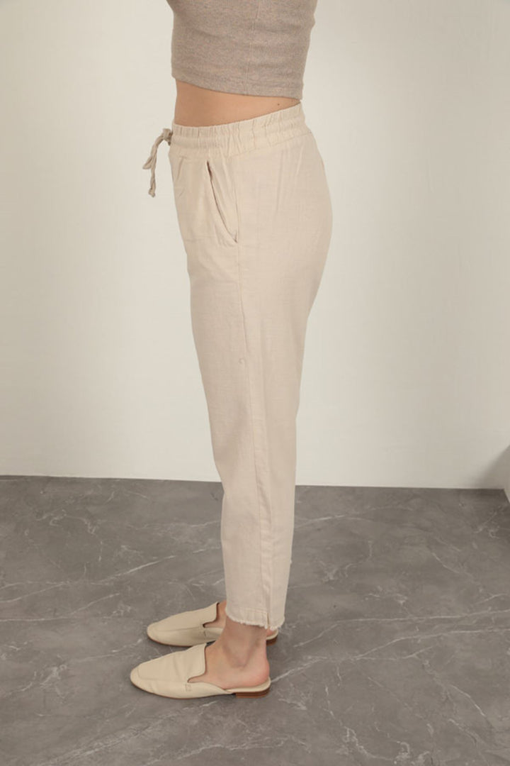 KKT Linen Fabric Women's Trousers-Stone - Merced