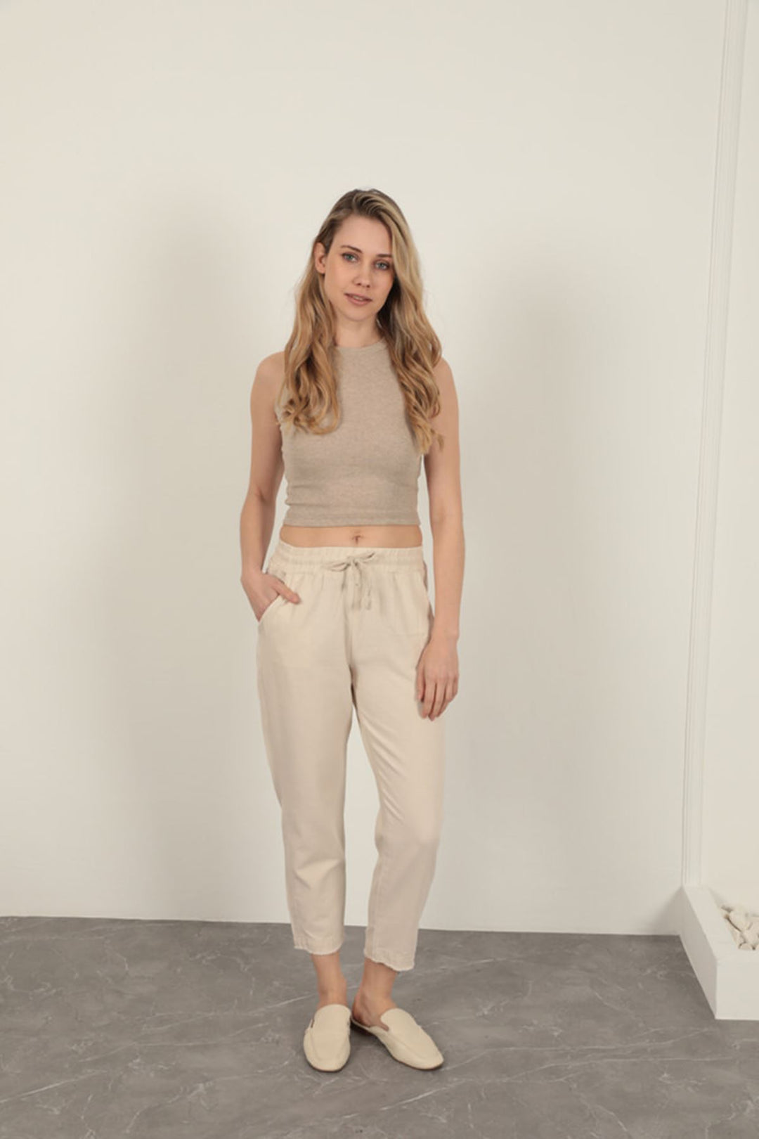 KKT Linen Fabric Women's Trousers-Stone - Merced