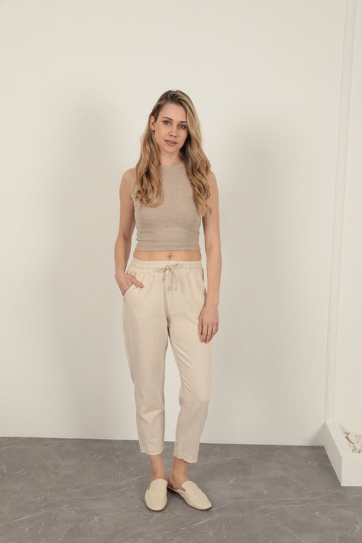 KKT Linen Fabric Women's Trousers-Stone - Merced