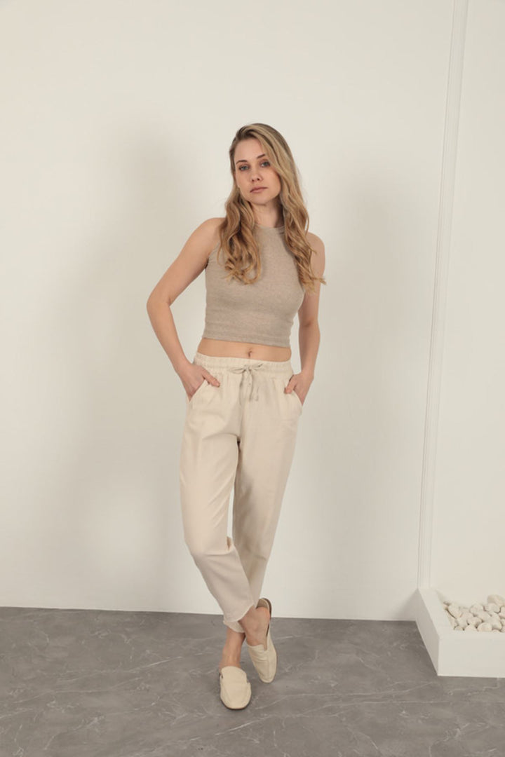 KKT Linen Fabric Women's Trousers-Stone - Merced