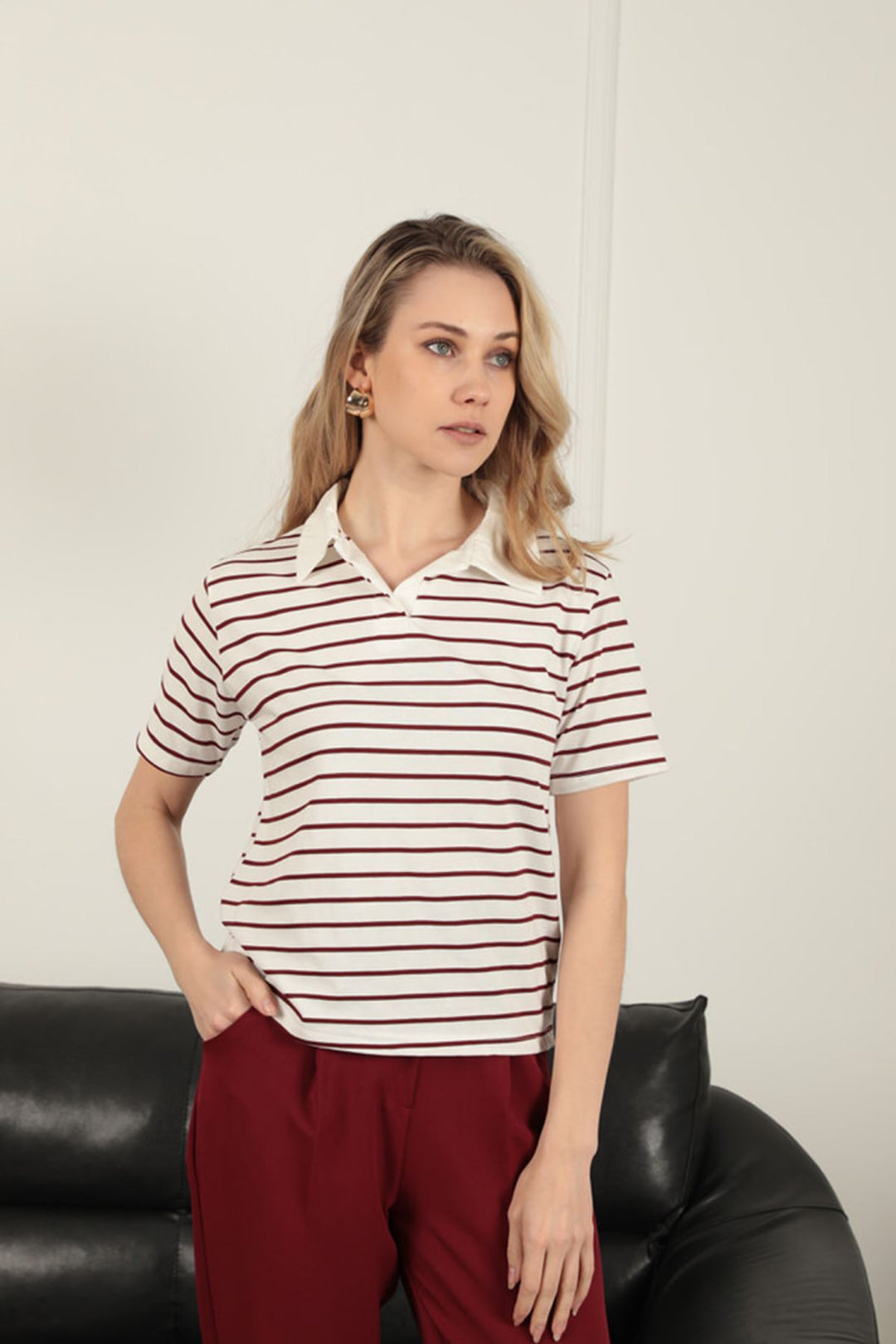 KKT Striped Women's T-Shirt-Burgundy - Zacatepec