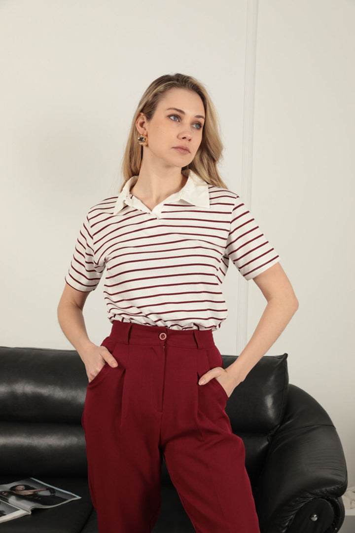 KKT Striped Women's T-Shirt-Burgundy - Zacatepec