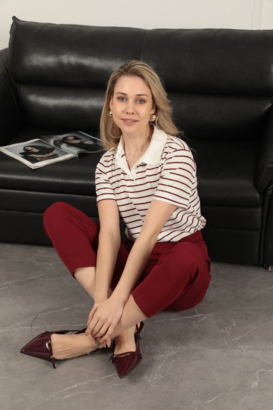 KKT Striped Women's T-Shirt-Burgundy - Zacatepec