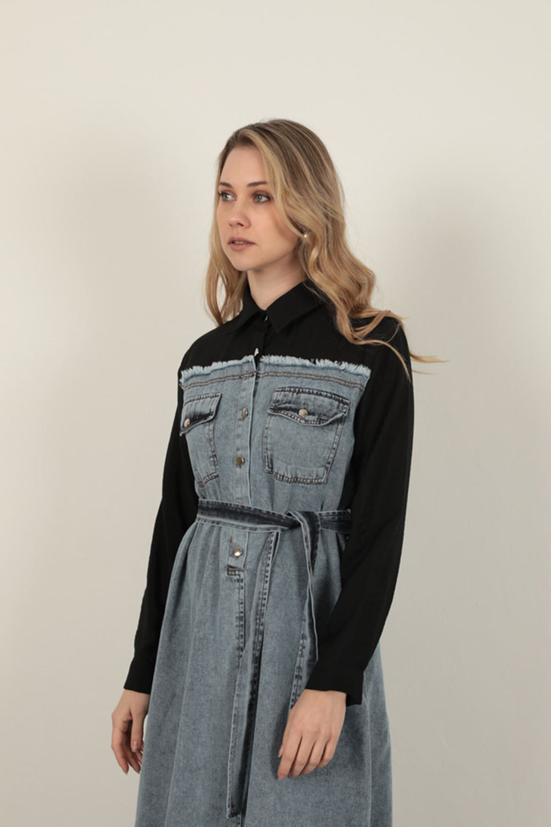 KKT Denim Fabric Garnish Dress-Black - Ossining