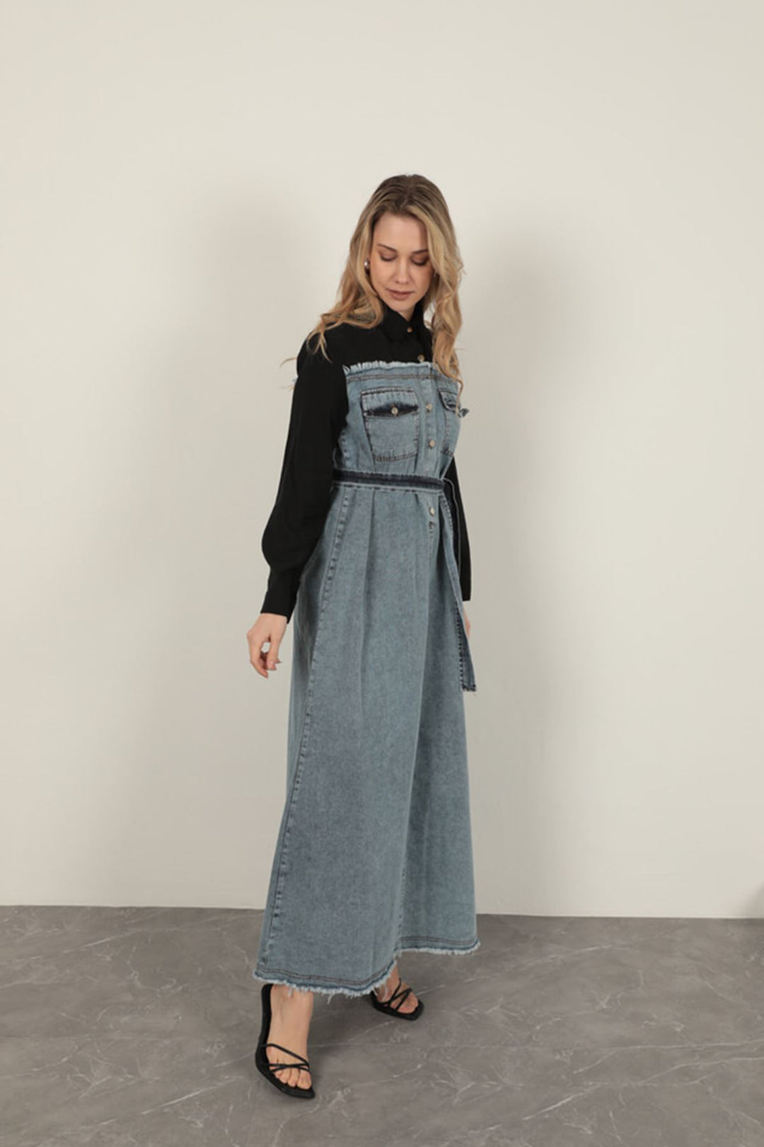 KKT Denim Fabric Garnish Dress-Black - Ossining