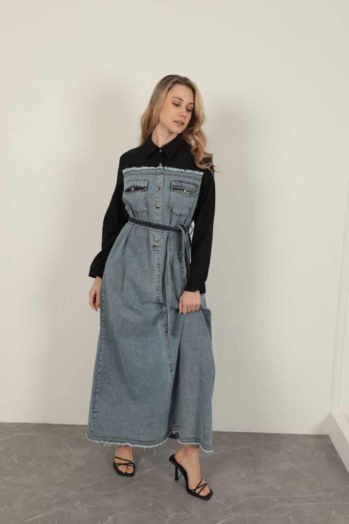KKT Denim Fabric Garnish Dress-Black - Ossining