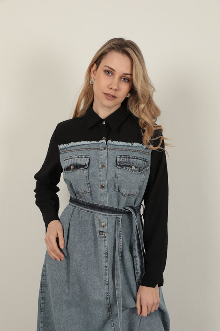 KKT Denim Fabric Garnish Dress-Black - Ossining
