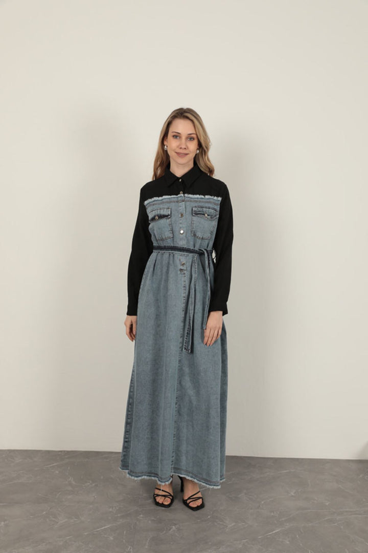 KKT Denim Fabric Garnish Dress-Black - Ossining