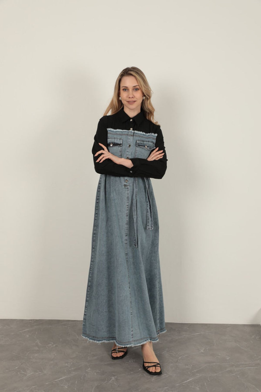 KKT Denim Fabric Garnish Dress-Black - Ossining