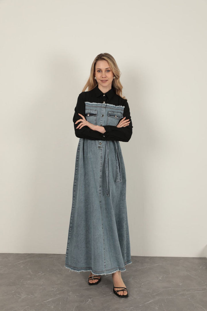 KKT Denim Fabric Garnish Dress-Black - Ossining