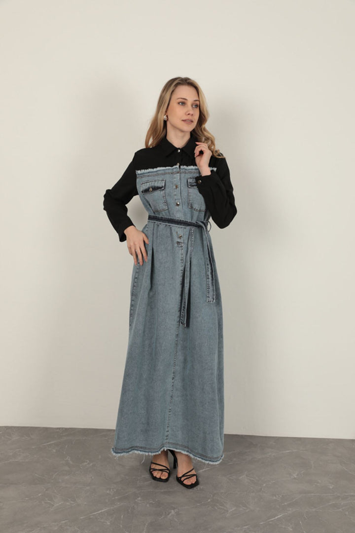 KKT Denim Fabric Garnish Dress-Black - Ossining