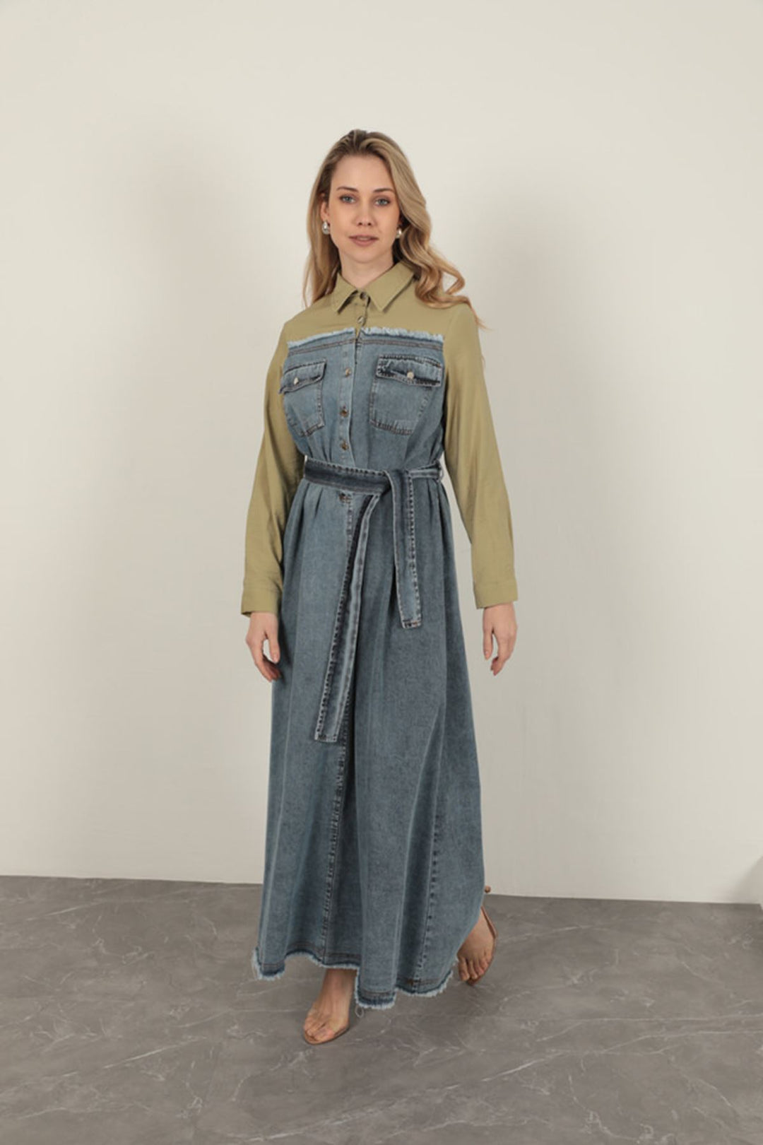 KKT Denim Fabric Garnish Dress-Khaki - Fuengirola