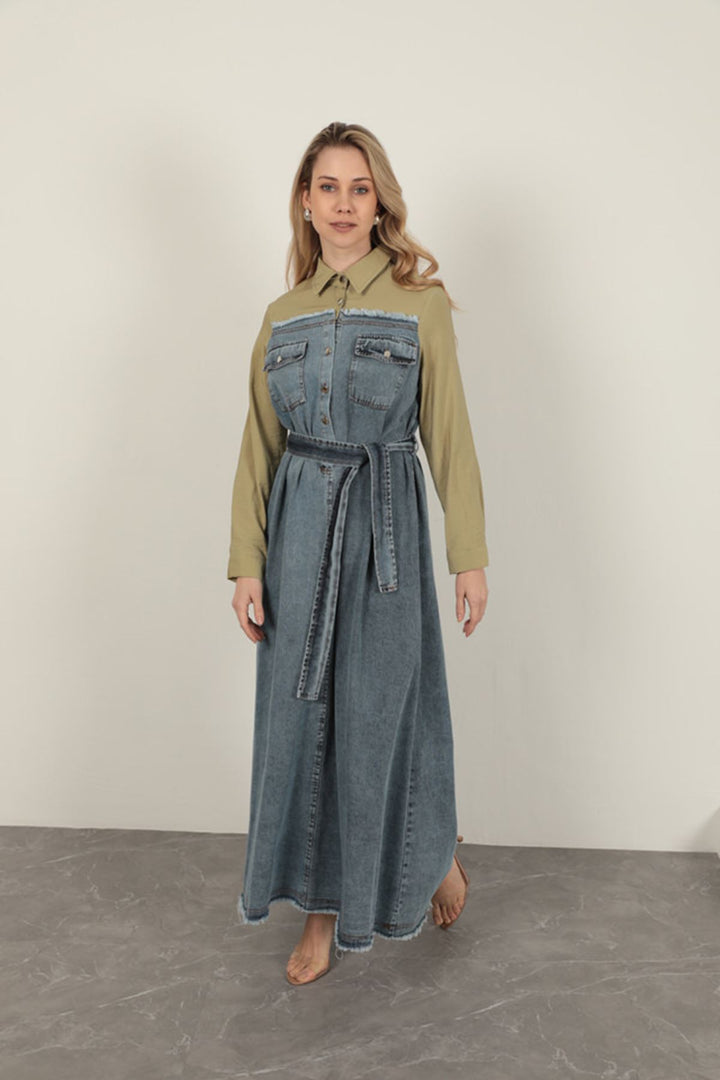 KKT Denim Fabric Garnish Dress-Khaki - Fuengirola