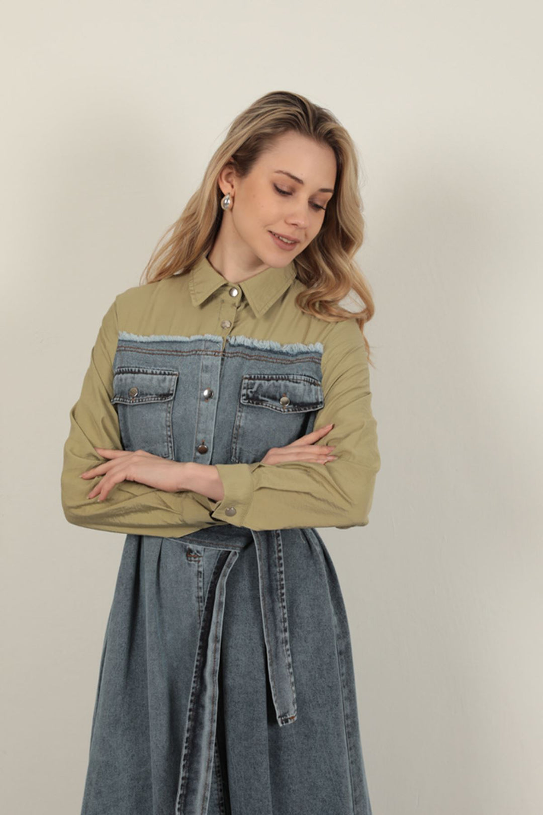 KKT Denim Fabric Garnish Dress-Khaki - Fuengirola