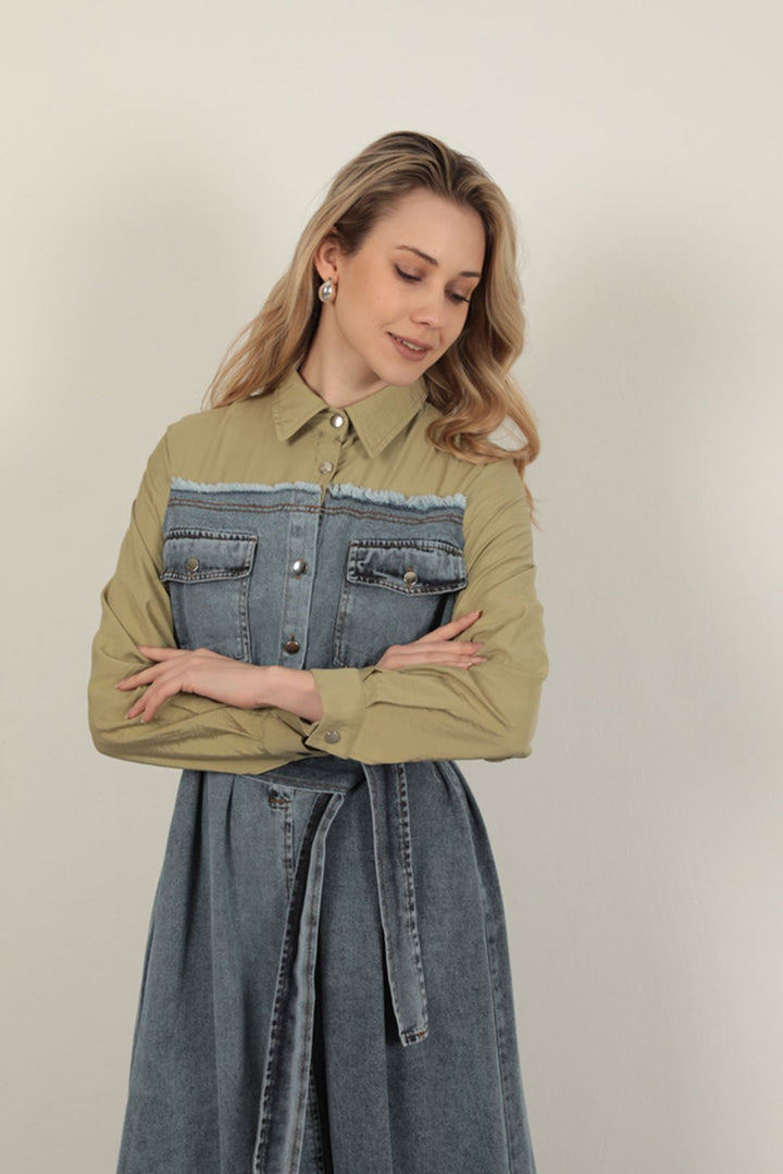 KKT Denim Fabric Garnish Dress-Khaki - Fuengirola