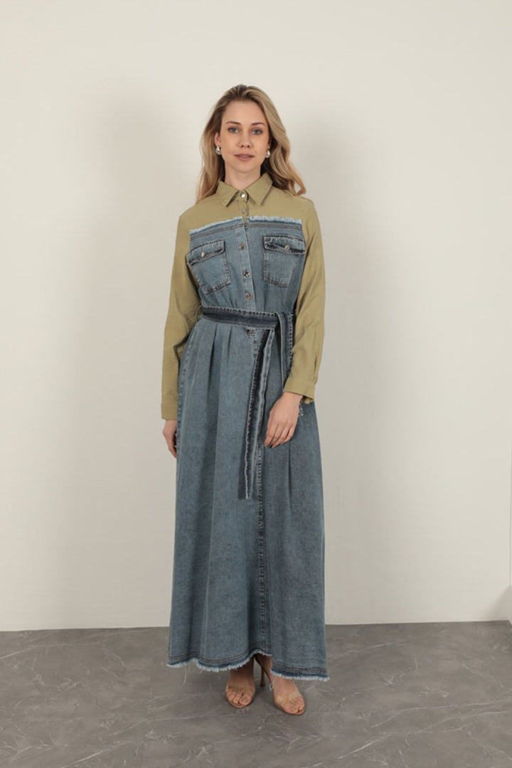 KKT Denim Fabric Garnish Dress-Khaki - Fuengirola
