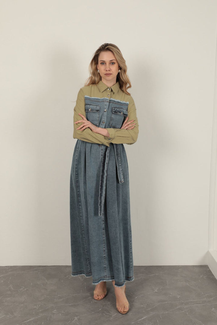KKT Denim Fabric Garnish Dress-Khaki - Fuengirola