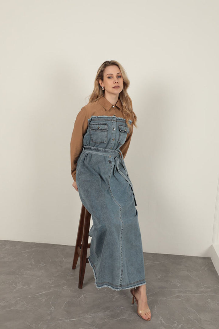 KKT Denim Fabric Garnish Dress-Brown - Botoşani