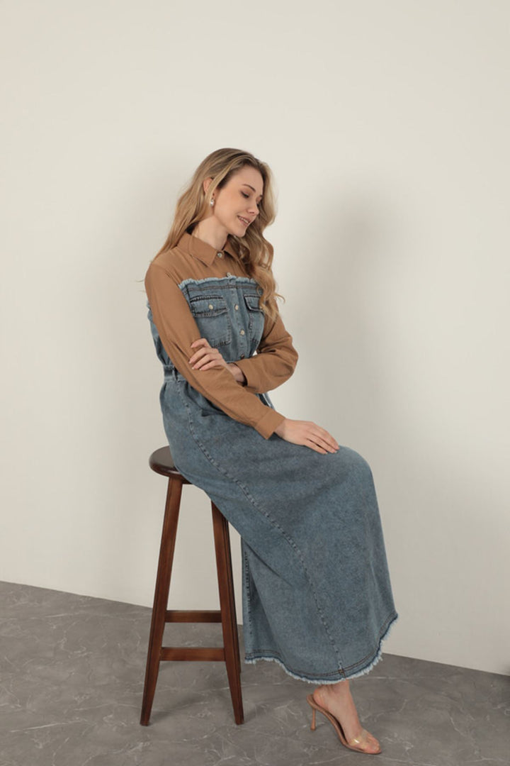 KKT Denim Fabric Garnish Dress-Brown - Botoşani