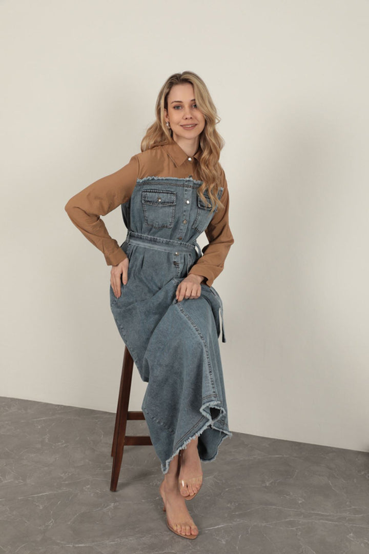 KKT Denim Fabric Garnish Dress-Brown - Botoşani
