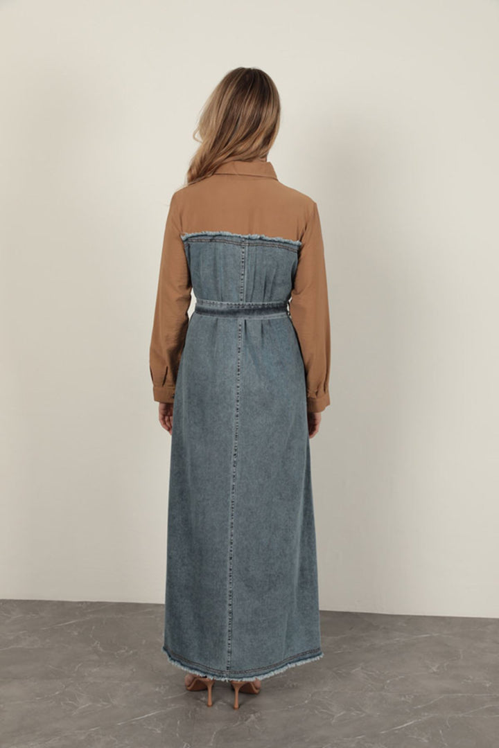KKT Denim Fabric Garnish Dress-Brown - Botoşani