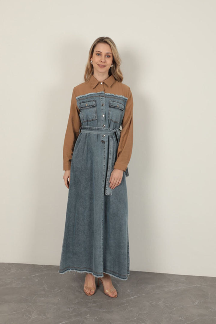 KKT Denim Fabric Garnish Dress-Brown - Botoşani