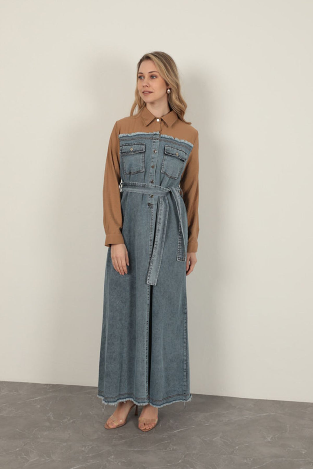 KKT Denim Fabric Garnish Dress-Brown - Botoşani