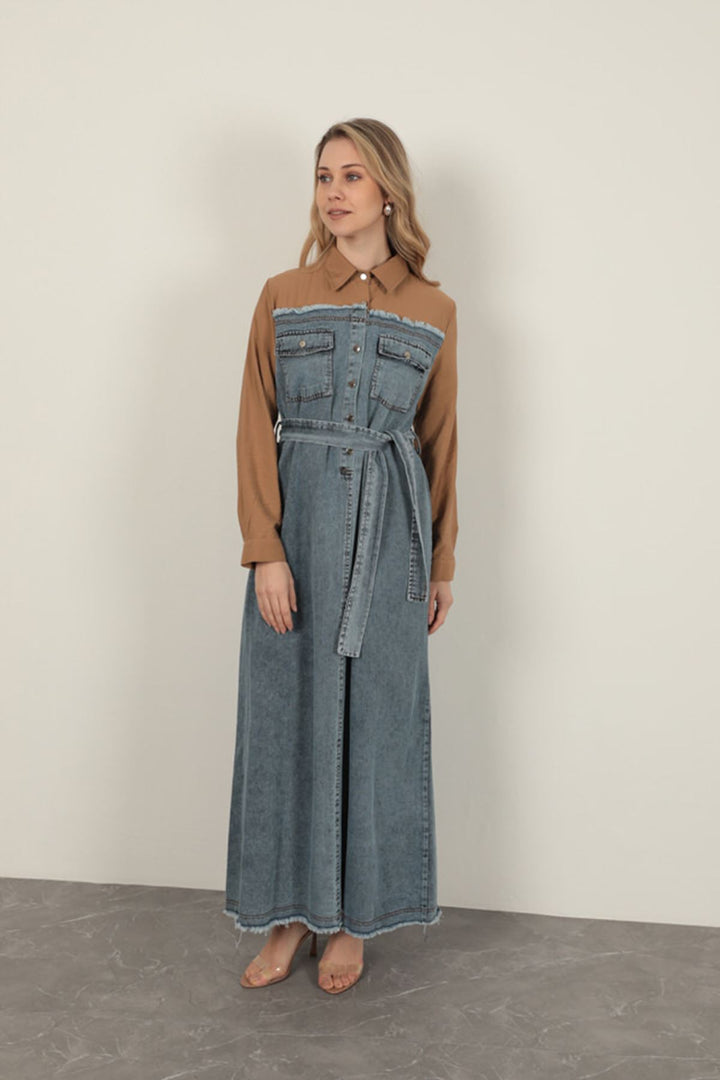 KKT Denim Fabric Garnish Dress-Brown - Botoşani