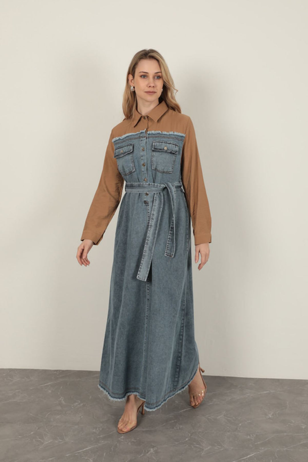 KKT Denim Fabric Garnish Dress-Brown - Botoşani